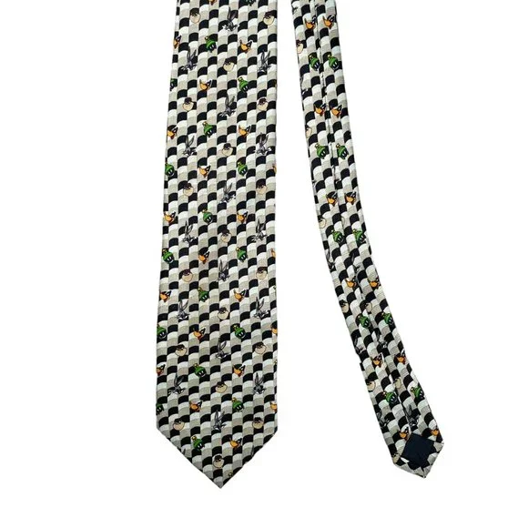 Looney Tunes White Black Tan Motif Polyester Classic Necktie Bugs Bunny Daffy - Picture 2 of 8